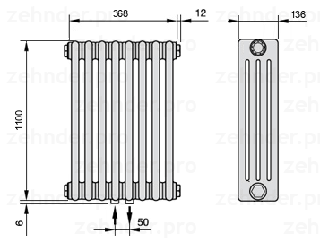 Схема (чертеж) Радиатор Zehnder Charleston 4110/8 №3470 Белый глянцевый RAL 9016